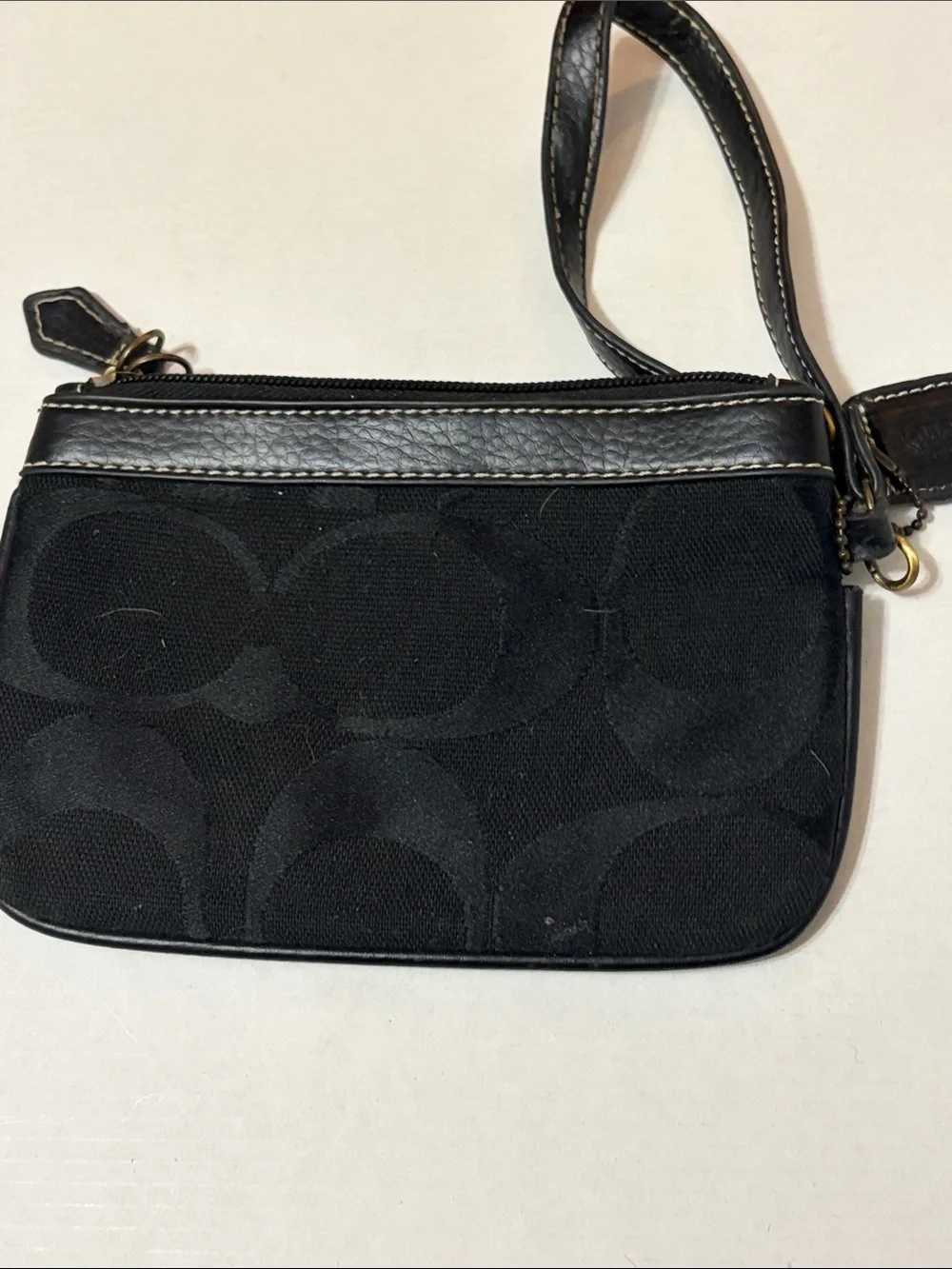 Coach Black Signature Wristlet with Leather Trim